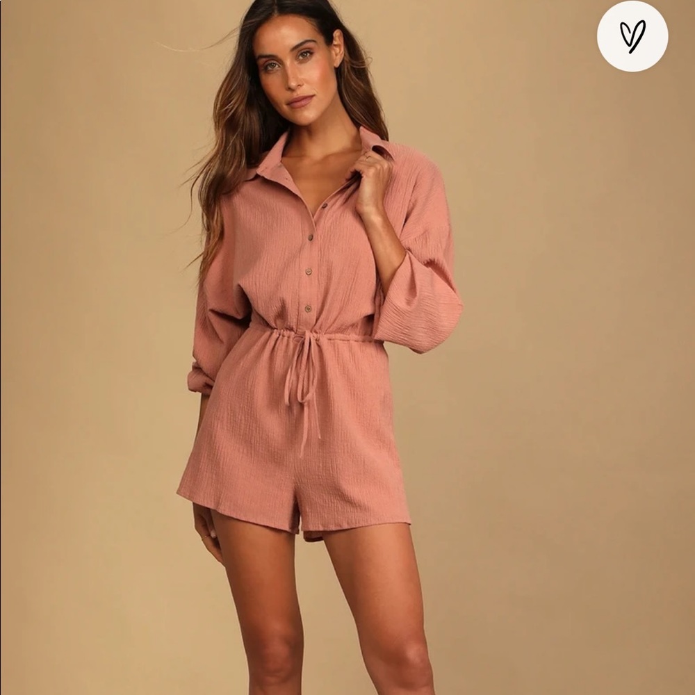 LuLus Day to Day Pink Blush Drawstring Long Sleeve Romper